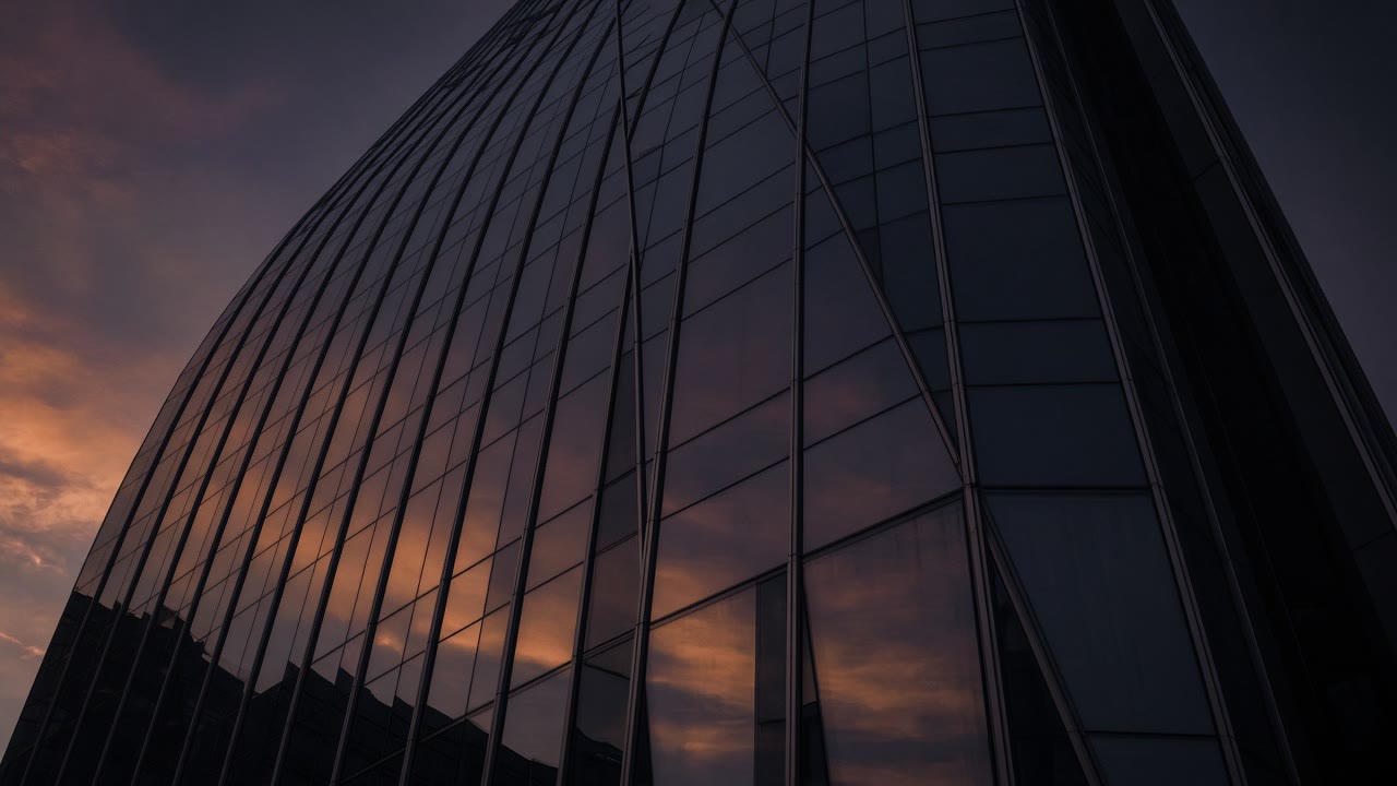 A curved glass and steel facade at dusk