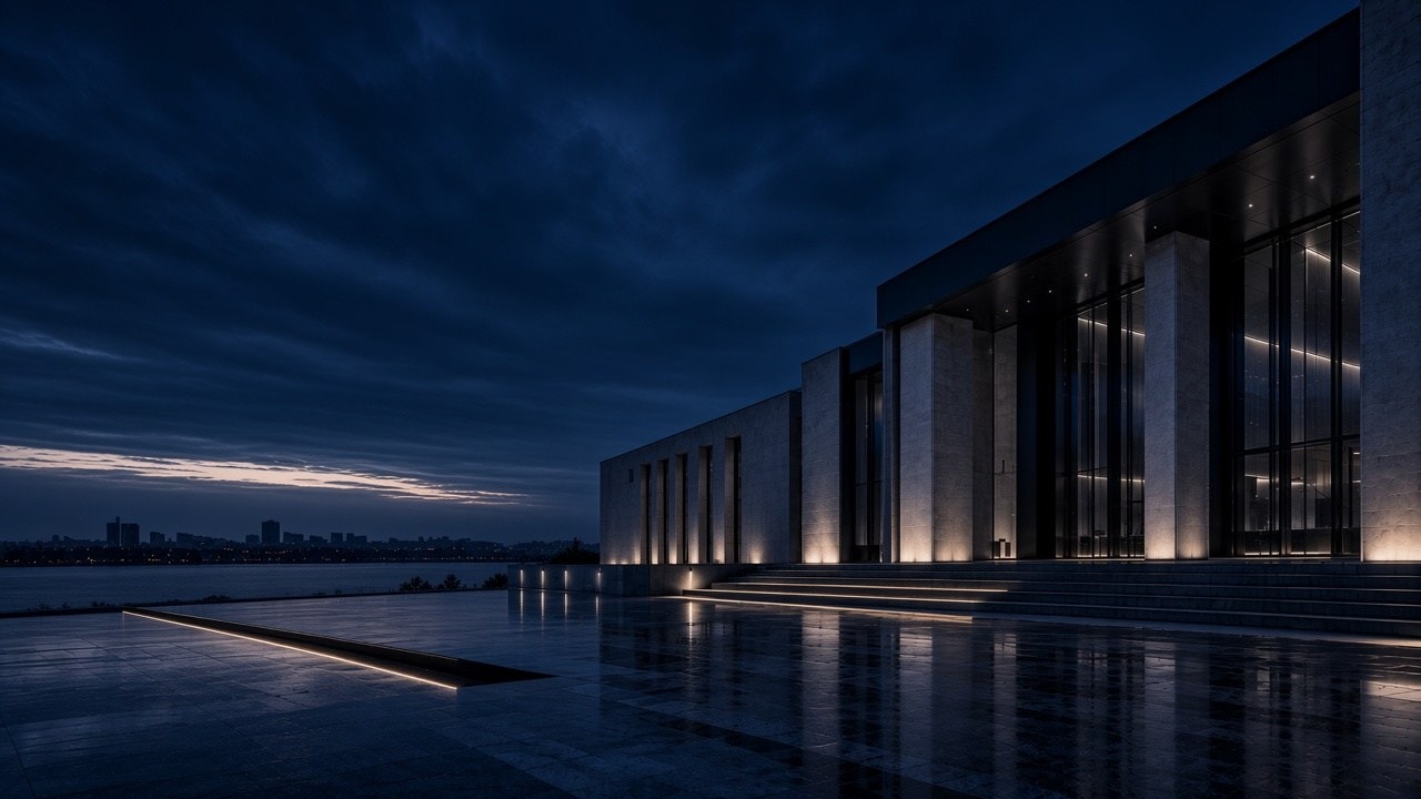 A modern stone courthouse at nightfall, its colonnade softly lit above a wet granite plaza, with a distant city under an overcast blue sky